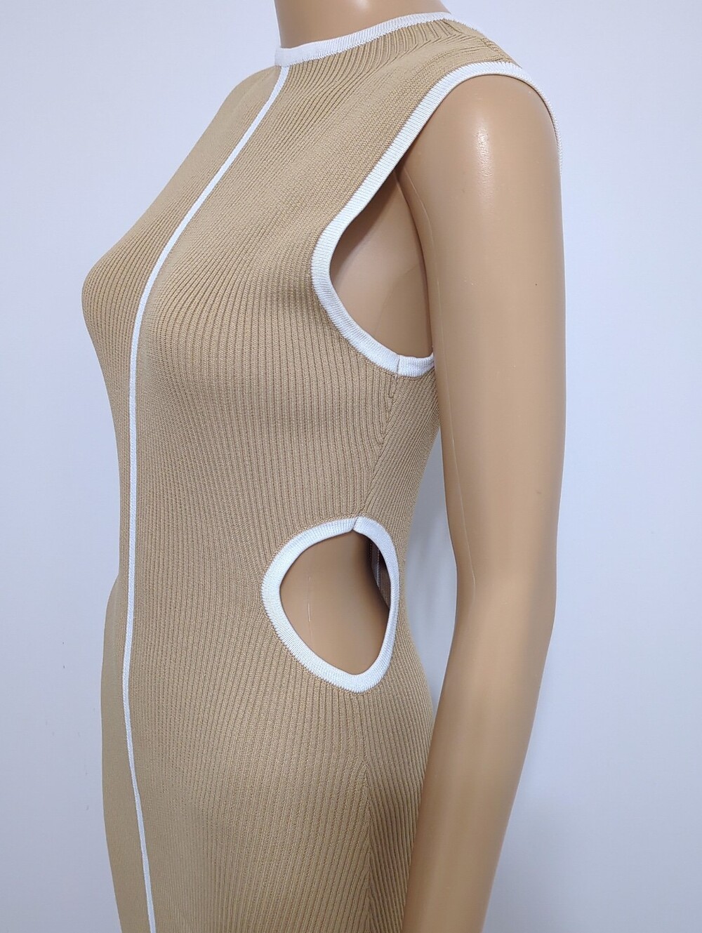 DISSH Binding Wheat Knit Midi Dress Cutout Beige White Piping M Minimalist - Picture 5 of 10